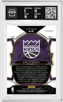 Keegan Murray from the 2022-23 Panini Select set featuring a Silver Prizm parallel graded by Arena Club and given an overall grade of 9.5.