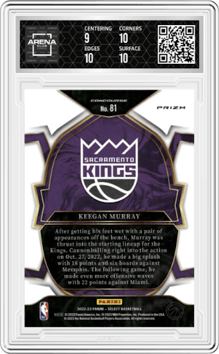 Keegan Murray from the 2022-23 Panini Select set featuring a Silver Prizm parallel graded by Arena Club and given an overall grade of 9.5.