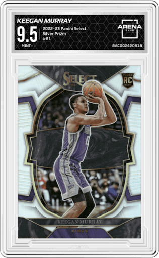 Keegan Murray from the 2022-23 Panini Select set featuring a Silver Prizm parallel graded by Arena Club and given an overall grade of 9.5.