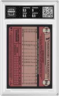 Yoshinobu Yamamoto from the 2024 Topps Series 2 Silver Pack set featuring a Silver Crackle Foil parallel graded by Arena Club and given an overall grade of 9.