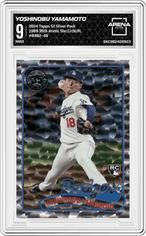 Yoshinobu Yamamoto from the 2024 Topps Series 2 Silver Pack set featuring a Silver Crackle Foil parallel graded by Arena Club and given an overall grade of 9.
