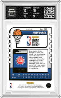 Jalen Duren from the 2023-24 Panini Hoops Premium Stock set featuring a Pink Ice Prizm parallel graded by Arena Club and given an overall grade of 9.5.