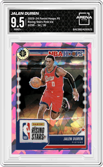 Jalen Duren from the 2023-24 Panini Hoops Premium Stock set featuring a Pink Ice Prizm parallel graded by Arena Club and given an overall grade of 9.5.