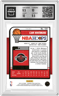 Cam Whitmore from the 2023-24 Panini Hoops Premium Stock set featuring a  Red Prizm  parallel graded by Arena Club and given an overall grade of 10.
