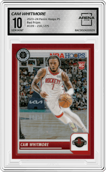 Cam Whitmore from the 2023-24 Panini Hoops Premium Stock set featuring a  Red Prizm  parallel graded by Arena Club and given an overall grade of 10.