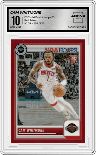 Cam Whitmore from the 2023-24 Panini Hoops Premium Stock set featuring a  Red Prizm  parallel graded by Arena Club and given an overall grade of 10.
