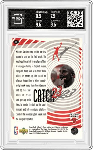 Michael Jordan from the 1997-98 Upper Deck Collector's Choice set graded by Arena Club and given an overall grade of 8.