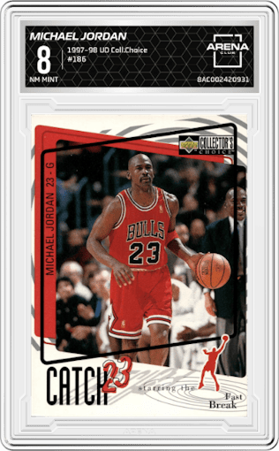 Michael Jordan from the 1997-98 Upper Deck Collector's Choice set graded by Arena Club and given an overall grade of 8.