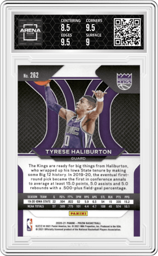 Tyrese Haliburton from the 2020-21 Panini Prizm set graded by Arena Club and given an overall grade of 9.