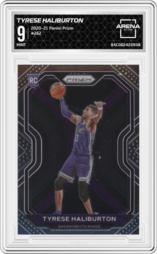Tyrese Haliburton from the 2020-21 Panini Prizm set graded by Arena Club and given an overall grade of 9.