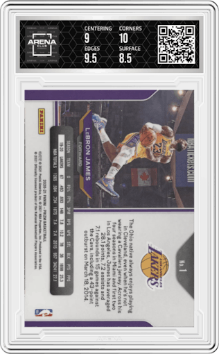 LeBron James from the 2020-21 Panini Prizm set graded by Arena Club and given an overall grade of 9.