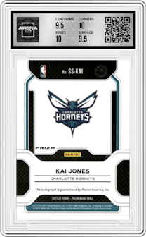 Kai Jones from the 2021-22 Panini Prizm  set featuring a Choice parallel graded by Arena Club and given an overall grade of 10.