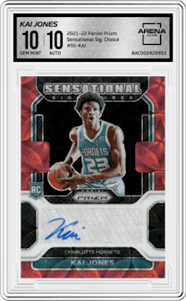 Kai Jones from the 2021-22 Panini Prizm  set featuring a Choice parallel graded by Arena Club and given an overall grade of 10.