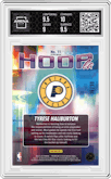 Tyrese Haliburton from the 2023-24 Panini Hoops Premium Stock set featuring a Blue Ice parallel graded by Arena Club and given an overall grade of 9.5.