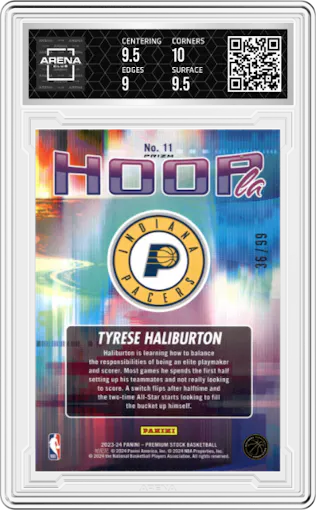 Tyrese Haliburton from the 2023-24 Panini Hoops Premium Stock set featuring a Blue Ice parallel graded by Arena Club and given an overall grade of 9.5.