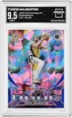 Tyrese Haliburton from the 2023-24 Panini Hoops Premium Stock set featuring a Blue Ice parallel graded by Arena Club and given an overall grade of 9.5.