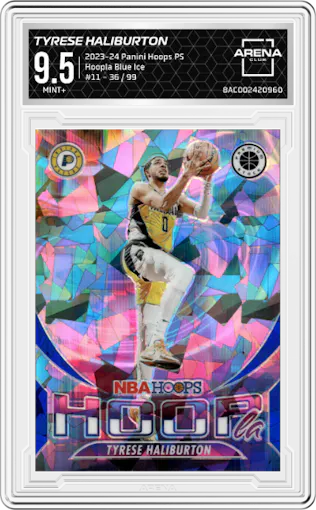 Tyrese Haliburton from the 2023-24 Panini Hoops Premium Stock set featuring a Blue Ice parallel graded by Arena Club and given an overall grade of 9.5.