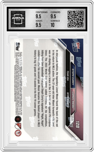 Steph Curry/Lionel Messi from the 2024 Topps Now MLS set graded by Arena Club and given an overall grade of 10.