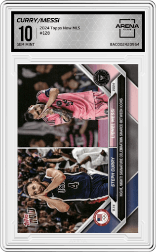 Steph Curry/Lionel Messi from the 2024 Topps Now MLS set graded by Arena Club and given an overall grade of 10.