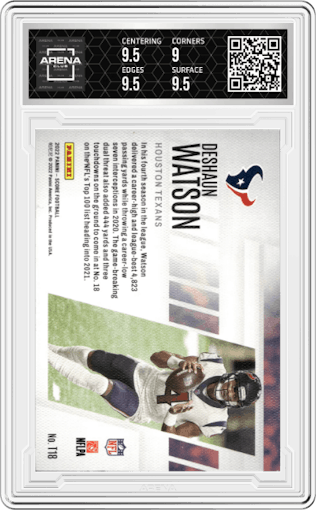 Deshaun Watson from the 2022 Panini Score set graded by Arena Club and given an overall grade of 9.5.