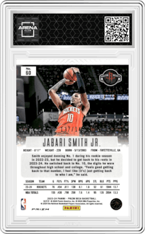 Jabari Smith Jr. from the 2023-24 Panini Prizm Deca set featuring a Blue Prizm parallel graded by Arena Club and given an overall grade of 0.