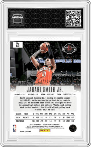 Jabari Smith Jr. from the 2023-24 Panini Prizm Deca set featuring a Blue Prizm parallel graded by Arena Club.