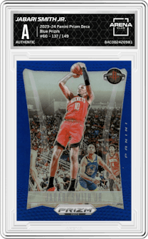 Jabari Smith Jr. from the 2023-24 Panini Prizm Deca set featuring a Blue Prizm parallel graded by Arena Club and given an overall grade of 0.