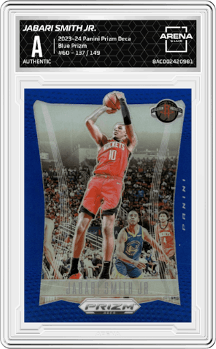 Jabari Smith Jr. from the 2023-24 Panini Prizm Deca set featuring a Blue Prizm parallel graded by Arena Club.