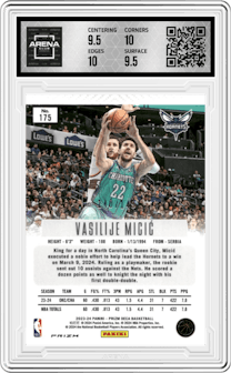 Vasilije Micic from the 2023-24 Panini Prizm Deca set featuring a Blue Prizm parallel graded by Arena Club and given an overall grade of 10.
