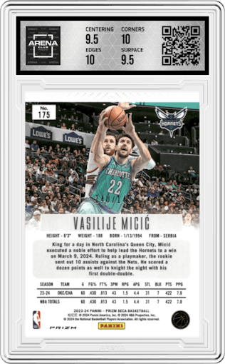 Vasilije Micic from the 2023-24 Panini Prizm Deca set featuring a Blue Prizm parallel graded by Arena Club and given an overall grade of 10.