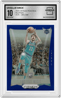 Vasilije Micic from the 2023-24 Panini Prizm Deca set featuring a Blue Prizm parallel graded by Arena Club and given an overall grade of 10.
