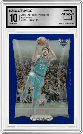 Vasilije Micic from the 2023-24 Panini Prizm Deca set featuring a Blue Prizm parallel graded by Arena Club and given an overall grade of 10.