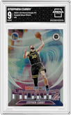 Stephen Curry from the 2023-24 Panini Hoops Premium Stock set featuring a Silver Prizm parallel graded by Arena Club and given an overall grade of 9.
