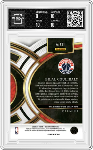 Bilal Coulibaly from the 2023-24 Panini Select  set featuring a Blue Cracked Ice parallel graded by Arena Club and given an overall grade of 9.5.