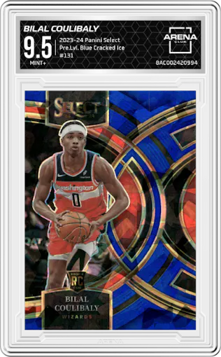 Bilal Coulibaly from the 2023-24 Panini Select  set featuring a Blue Cracked Ice parallel graded by Arena Club and given an overall grade of 9.5.