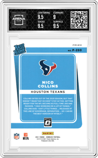Nico Collins from the 2021 Panini Donruss set featuring a Blue parallel graded by Arena Club and given an overall grade of 9.5.