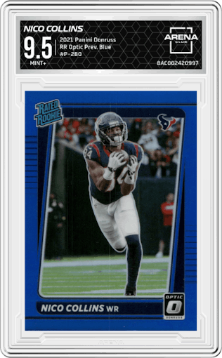 Nico Collins from the 2021 Panini Donruss set featuring a Blue parallel graded by Arena Club and given an overall grade of 9.5.