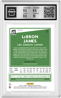 LeBron James from the 2020-21 Panini Donruss Optic set featuring a Hyper Pink parallel graded by Arena Club and given an overall grade of 10.
