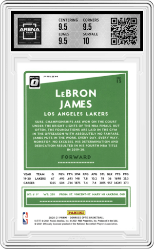 LeBron James from the 2020-21 Panini Donruss Optic set featuring a Hyper Pink parallel graded by Arena Club and given an overall grade of 10.