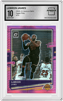 LeBron James from the 2020-21 Panini Donruss Optic set featuring a Hyper Pink parallel graded by Arena Club and given an overall grade of 10.