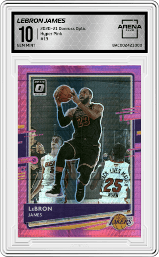 LeBron James from the 2020-21 Panini Donruss Optic set featuring a Hyper Pink parallel graded by Arena Club and given an overall grade of 10.