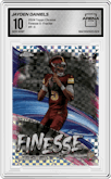 Jayden Daniels from the 2024 Topps Chrome set featuring a X-Fractor parallel graded by Arena Club and given an overall grade of 10.