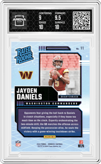 Jayden Daniels from the 2024 Donruss set graded by Arena Club and given an overall grade of 9.5.
