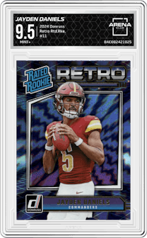 Jayden Daniels from the 2024 Donruss set graded by Arena Club and given an overall grade of 9.5.