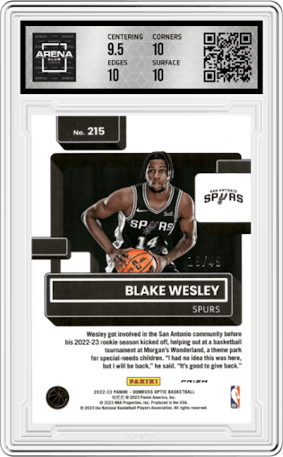 Blake Wesley from the 2022-23 Panini Donruss Optic  set featuring a Fast Break Blue parallel graded by Arena Club and given an overall grade of 10.