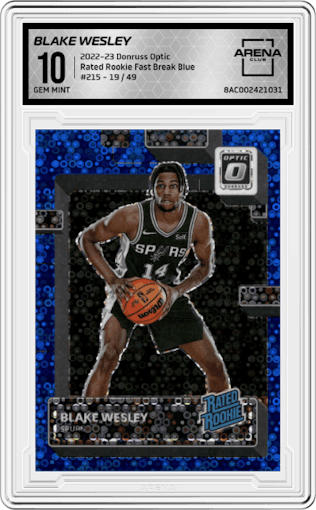 Blake Wesley from the 2022-23 Panini Donruss Optic  set featuring a Fast Break Blue parallel graded by Arena Club and given an overall grade of 10.