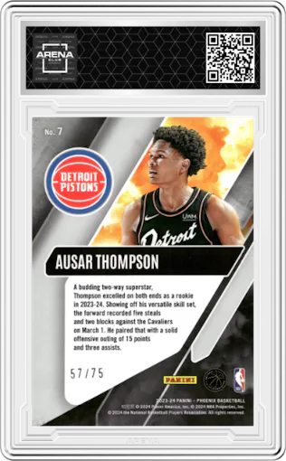 Ausar Thompson from the 2023-24 Panini Phoenix set featuring a International Red parallel graded by Arena Club.