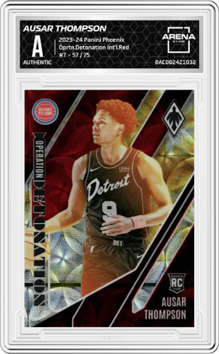 Ausar Thompson from the 2023-24 Panini Phoenix set featuring a International Red parallel graded by Arena Club.
