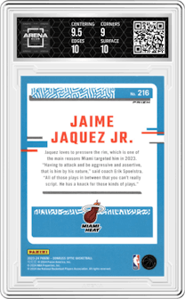 Jaime Jaquez Jr.  from the 2023-24 Donruss Optic set featuring a Fast Break Holo parallel graded by Arena Club and given an overall grade of 9.5.