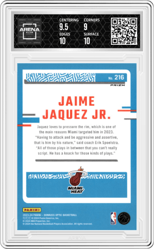 Jaime Jaquez Jr.  from the 2023-24 Donruss Optic set featuring a Fast Break Holo parallel graded by Arena Club and given an overall grade of 9.5.
